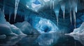 Enchanting Ice Cave Interior with Frozen Stalactites and Reflections on the Water Surface Royalty Free Stock Photo