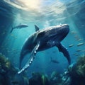 Stunning illustration of big whale underwater, close to water surface