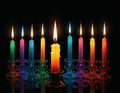 Stunning illustration of Candlelight, glowing in the dark with colorful multicolor light, centered on a black background, in the