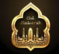 Eid Mubarak Greeting llustration, Golden Dubai Skyline Illustration with Mosque and Mehrab Frame for Eid Mubarak