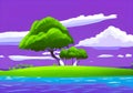 Illustration Of Serene Green Island with Water and Beautiful Purple Sky with White Clouds