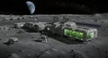 Sustainable moon base with visible Earth and robots Royalty Free Stock Photo