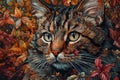 Stunning illustration of a cat with floral ornaments. Multicolored surreal elements.