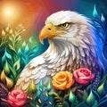 Stunning illustration of an eagle with a floral ornament. Multicolored surreal elements. close-up vector illustration.