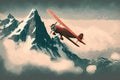 Vintage Biplane Soaring Over the Mountains Royalty Free Stock Photo