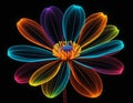 Stunning illustration of Flower, glowing in the dark with colorful multicolor light, centered on a black background, in the style