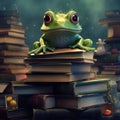 Stunning illustration of green frog, a green frog on a stack of books, illustration with frog true