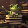 Stunning illustration of green frog, a green frog on a stack of books, illustration with frog true