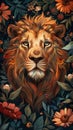 Stunning illustration of a lion face emerging from a dark enchanting jungle filled with detailed floral elements