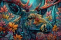 Stunning illustration of a moose with floral ornaments. Multicolored surreal elements.