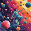 Cosmic Serenity: Person Floating Among Colorful Orbs in Galaxy Background