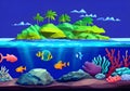 Illustration of Tiny Island with Palm Trees, Blue Skies, White Clouds, and Exotic Underwater Wonders