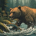 Grizzly Bear Catching Fish in Forest Stream
