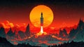Futuristic Rocket Launching Against Bright Orange Sun and Rugged Alien Landscape Royalty Free Stock Photo