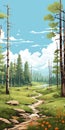 Alder Forest In Rocky Mountains: Plein Air Cartoon Landscape Illustration Royalty Free Stock Photo