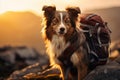 Adventure Dog with Backpack at Sunset on Mountain, AI Generated