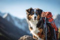 Adventure Dog with Backpack in Mountain Landscape, AI Generated Royalty Free Stock Photo