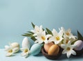 Colorful easter eggs and a vase of white lilies, light blue background with copyspace, Easter holiday symbol, generative AI