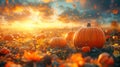 Autumn Bounty: Vibrant Sunset with Pumpkins in the Harvest Field for Thanksgiving and Fall Background Royalty Free Stock Photo