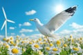 seagull fyling torwards to a wind turbine Royalty Free Stock Photo
