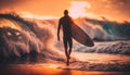 Surfer walking to Ocean Sunset: A Stunning Beach Landscape, dusk on the shore