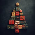 Beautiful Christmas Tree Design with Gift Boxes and Star on Dark Background Royalty Free Stock Photo