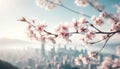 Breathtaking Cherry Blossoms Over Cityscape, AI Generated