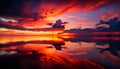 This stunning Image captures the dramatic beauty of a sunset as the sky is mirrored in the clear waters below . Generative AI