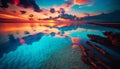 This stunning Image captures the dramatic beauty of a sunset as the sky is mirrored in the clear waters below . Generative AI