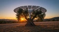 Solar canopy over an ancient olive tree silhouette Royalty Free Stock Photo