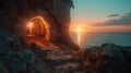 Resurrection at Sunrise: Empty Tomb of Jesus Christ with Shroud and Crucifixion Royalty Free Stock Photo