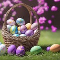 A stunning image that captures the essence of Easter, with a basket of intricately decorated eggs, generative AI Royalty Free Stock Photo