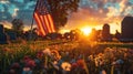 Sunset Memorial: American Flags on Veterans\' Graves at National Cemetery, Royalty Free Stock Photo