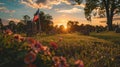 Sunset Memorial Day Tribute: American Flags on Veterans\' Graves at National Cemetery Royalty Free Stock Photo