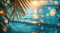 Summer Bliss: Blurred Seascape with Palm Leaves and Bokeh Lights on Ocean Royalty Free Stock Photo