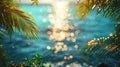 Summer Bliss: Blurred Seascape with Palm Leaves and Bokeh Lights on Ocean Royalty Free Stock Photo