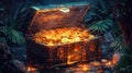 Golden Riches Unveiled: Ancient Treasure Chest Reveals Glittering Coins Royalty Free Stock Photo