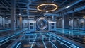 Quantum Horizon: Illuminated Futuristic Lab in Neo-Industrial Elegance Royalty Free Stock Photo