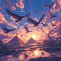 Epic Sunset Over Ancient Pyramids with Birds in Flight Royalty Free Stock Photo