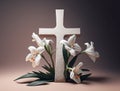 A cross with white lilies around, light pink background, Easter holiday symbol, church, generative AI