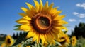 A close-up of a bright yellow sunflower against a blue sky created with Generative AI Royalty Free Stock Photo