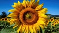 A close-up of a bright yellow sunflower against a blue sky created with Generative AI Royalty Free Stock Photo