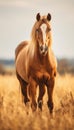 Majestic Chestnut Horse in Golden Field, AI Generated