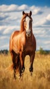 Majestic Chestnut Horse Galloping in Golden Field, AI Generated