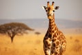 A stunning image capturing the elegance of a giraffe standing proudly amidst a vast open field, Giraffe captured in Serengeti