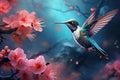 A stunning image capturing a hummingbird gracefully flying above vibrant pink flowers in a lush forest, A hummingbird hovering