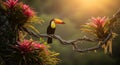Toucan Bird Perched on Tropical Vine with Blooming Bromeliads in Golden Sunlight Royalty Free Stock Photo