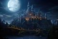 A stunning image of a castle gleaming with lights under the enchanting radiance of a full moon, A mysterious Gothic castle during