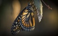 A monarch butterfly emerging from chrysalis in morning generative AI