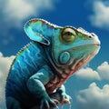 Photo Realistic Chameleon with Blue Sky Background, AI Generated